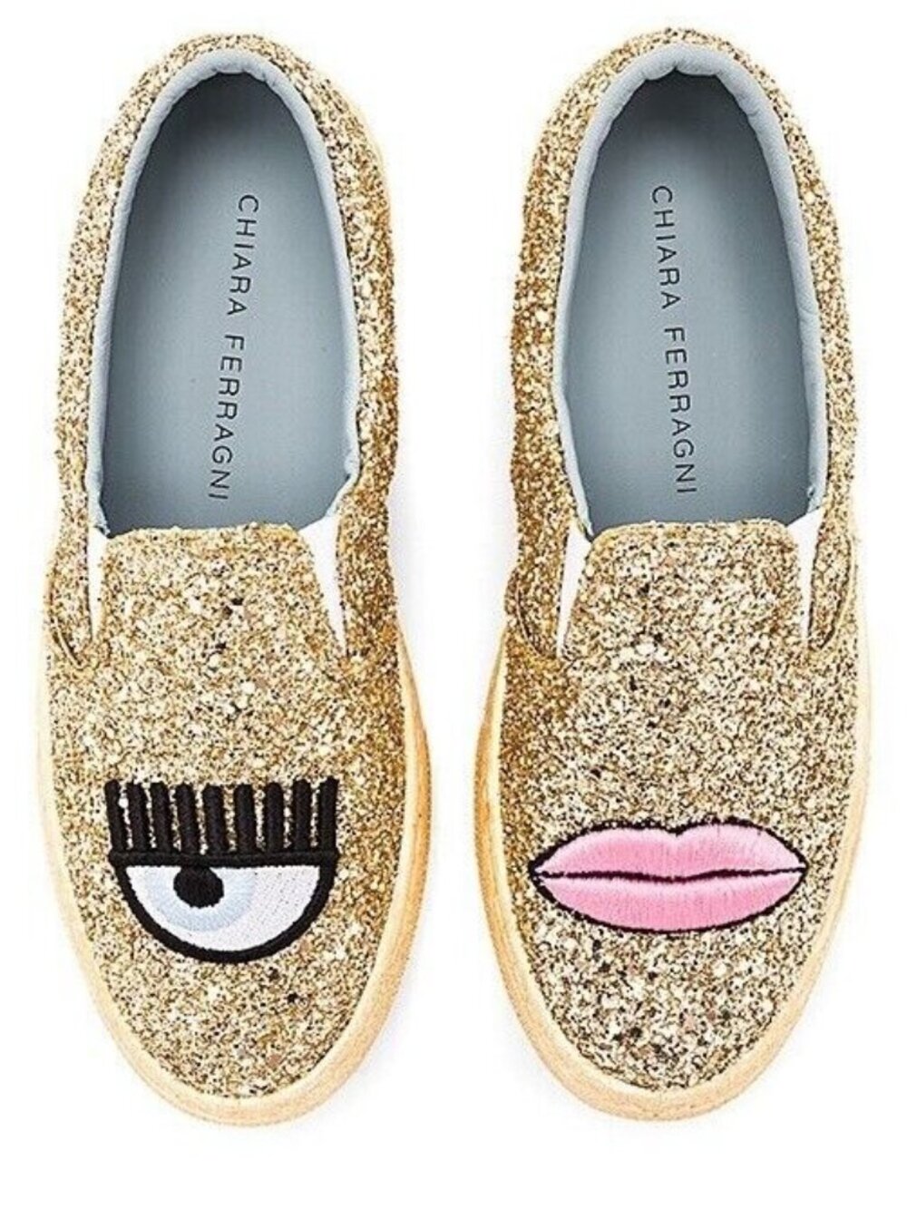 CHIARA FERRAGNI Women's 8.5 Logomania Gold Glitter Slip On in Gold Sneakers Flat